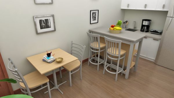 common area, dining, room, bar table, kitchen, cafe chair, study chair, bar stool, cafe stool, square table, dining table, cafe table, kitchen shelf, kitchen top