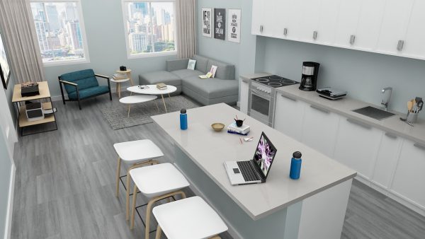 From the Flex line showing kitchen stool, coffee table, extended grey sofa, side table, end table, and single sofa chair.