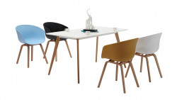 Flex series chairs of various colors around a white rectangle table.