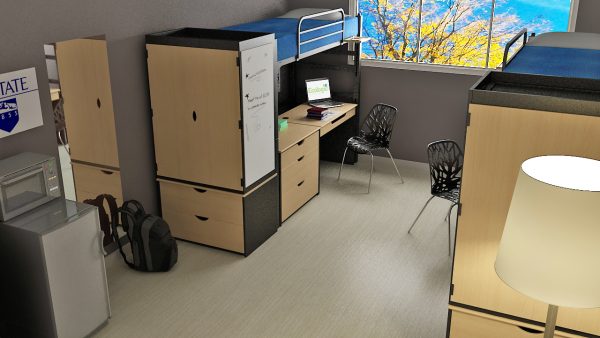 Sierra dorm furniture with bunk bed, wardrobe with drawer, study table with drawers, and metal chair.
