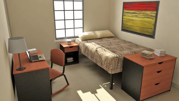 Showing Sierra dorm furniture with metal double bed, bed side table with drawer, 3 drawer chest, study table, and study chair.