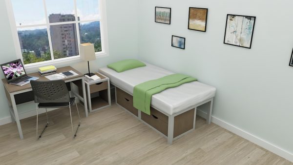 Single Metal Bed, Study Desk Made with Metal and Wood, Metal Chair, Side Table with Drawer, lamp, One Drawer Chest
