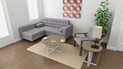 Grey Sofa, Common Area, Wooden Floor, Table with Lamp, Tree, Sofa Chair, Coffee Table