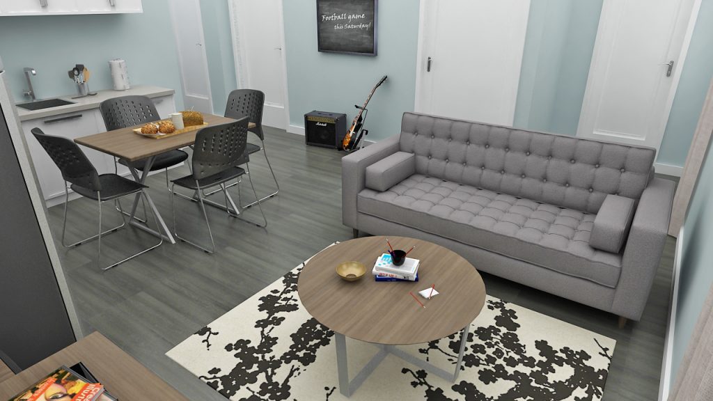 Student Common Area, Grey Sofa, Coffee Table, Dining Table, Kitchen, Sink, Wooden Flooring,