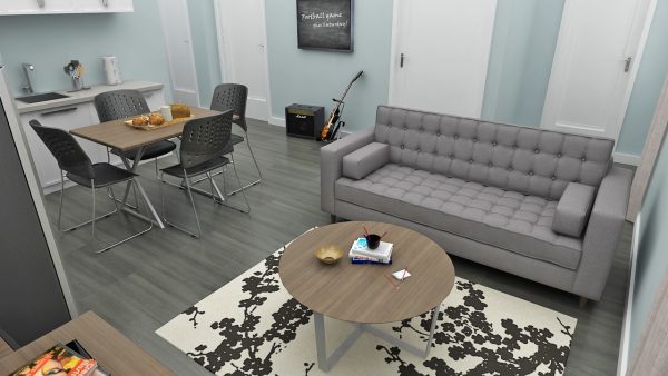 Student Common Area, Grey Sofa, Coffee Table, Dining Table, Kitchen, Sink, Wooden Flooring,