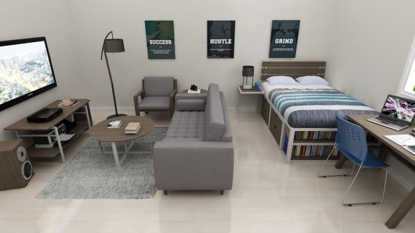 Student Bedroom with Common Room, Common Room, Study Table, Chair, Sofa, Sofa Chair, Side Table, Med with Cabinets, Lamp Table, Coffee Table, Console Table, Lamp, Study Chair