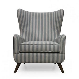 Accent chair, blue and white vertical strip, bended legs, super comfy cushion