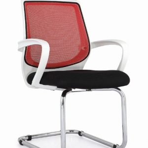 White Hand Rest, Silver Metal Leg, Black Cushion, Red Back Mesh Chair