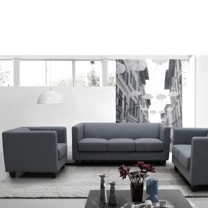 Sofa Set, Living Room, Three Seater Sofa, Two Seater Sofa, Single Seater Sofa, center Table, Coffee Table, Lamp, Grey Sofa, Dark Grey Sofa