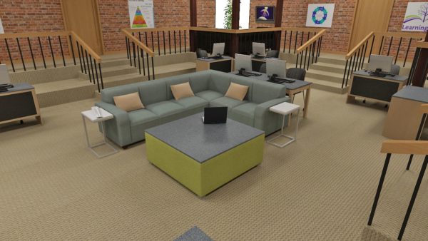 Common area setup with gray and green square coffee table and gray sectional couch with brown accent pillows.